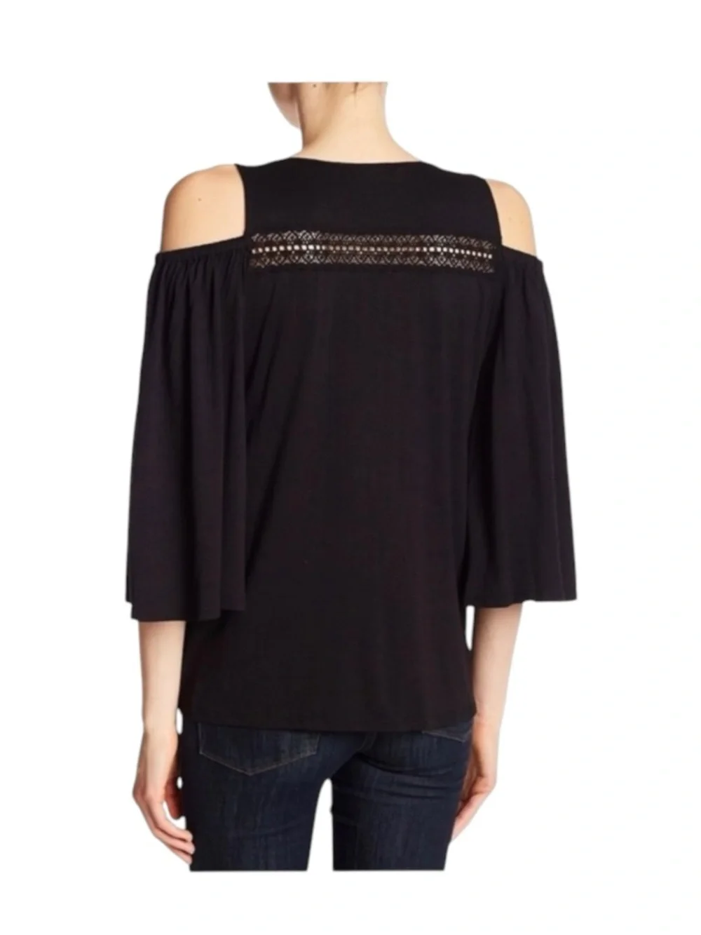 new Hale Bob ༄ Shaina Silk Crochet Cotton Voile Cold Shoulder Top ༄ Black XS - Picture 8 of 16
